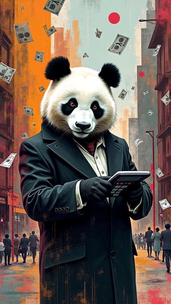 Gritty Cityscape of a Panda Economist in a Whirlwind of Curr...