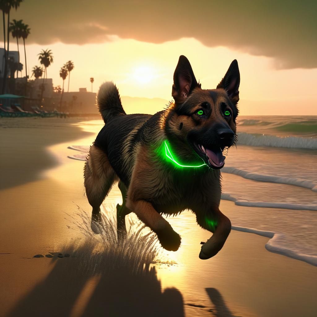 Digital Sunset Goddess: Alsatian Dog in Vibrant LA Beachscap...