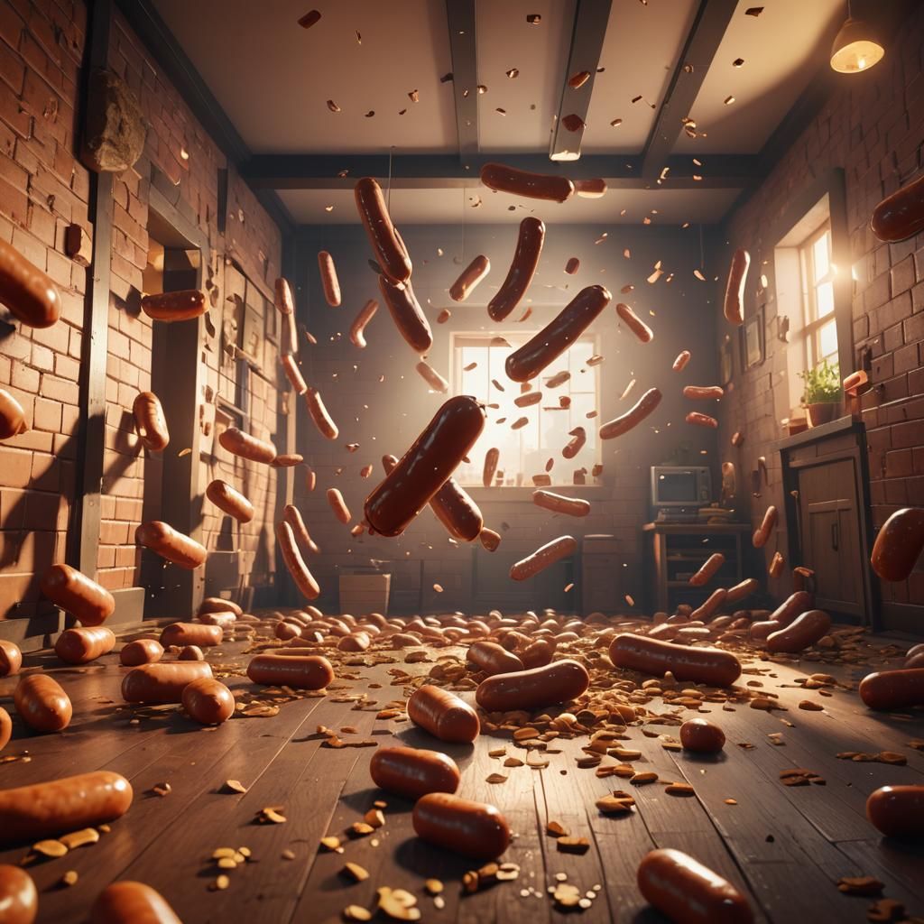 Giant Sausages Defy Gravity in a Vibrant 3D World