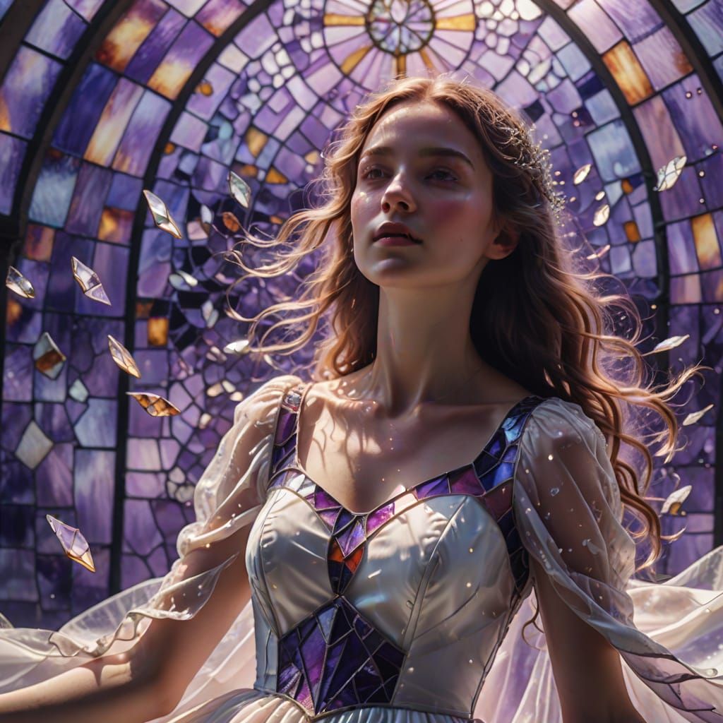 Surreal Woman Floating in Violet Sky