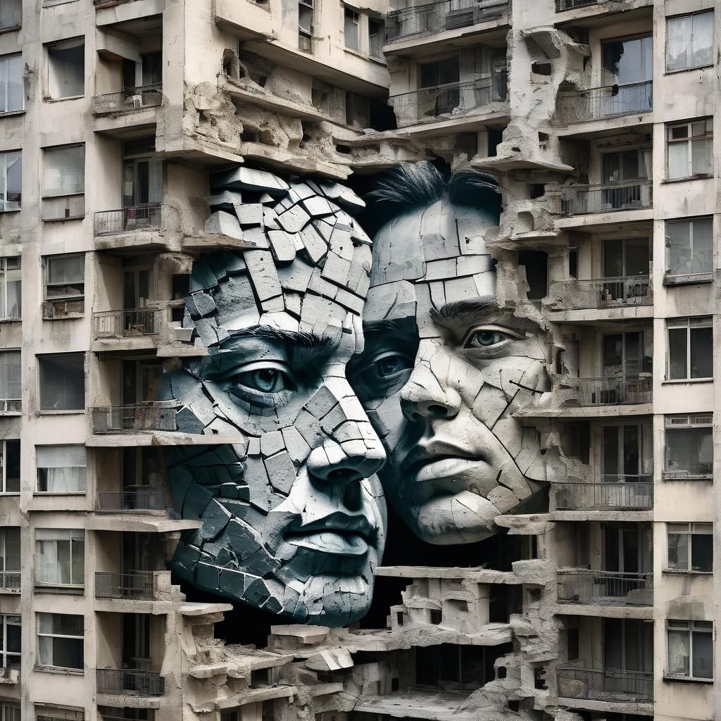 Double Exposure Cityscape Face Reminiscent of Crumbling Arch...