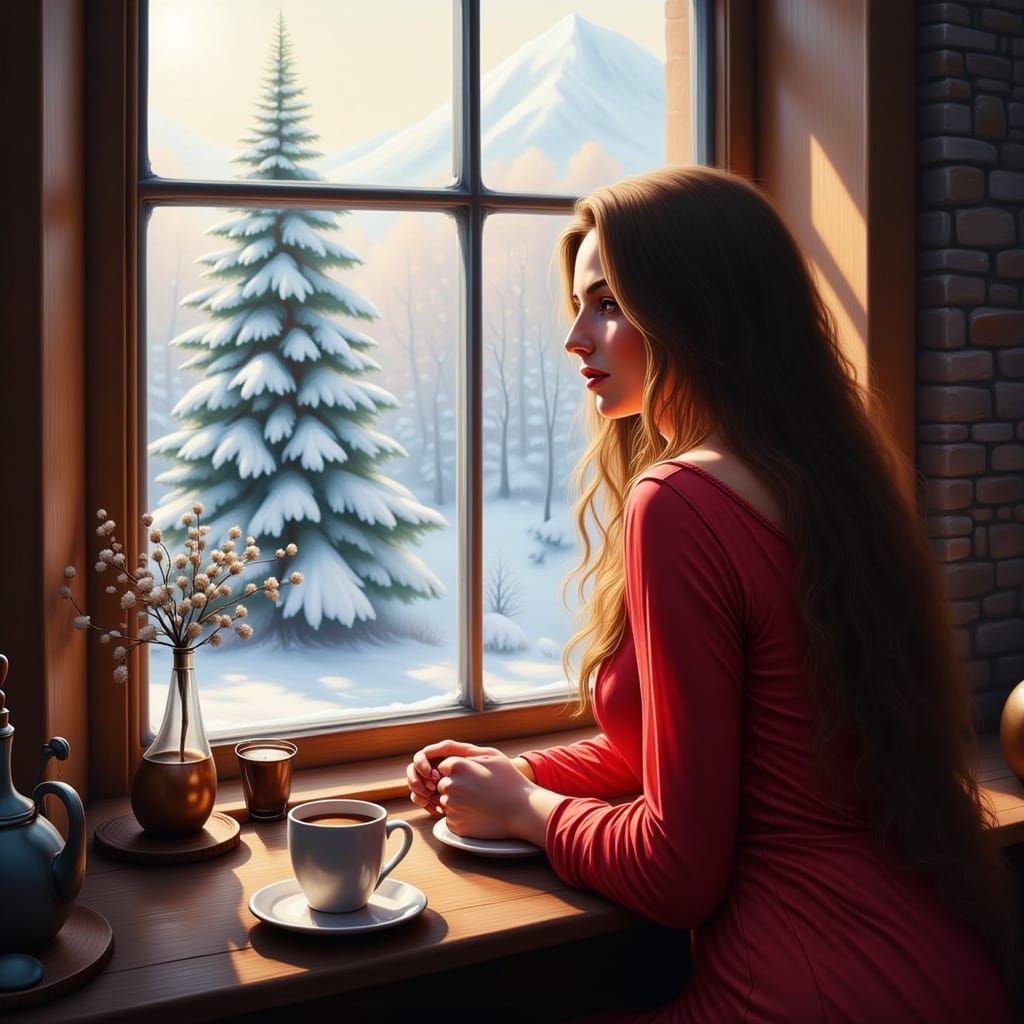 Woman in Red Nightie Watches Snowfall, Drinking Coffee