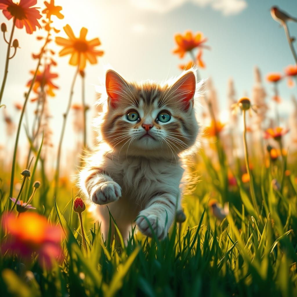 Whimsical Cat Plays in Vibrant Meadow