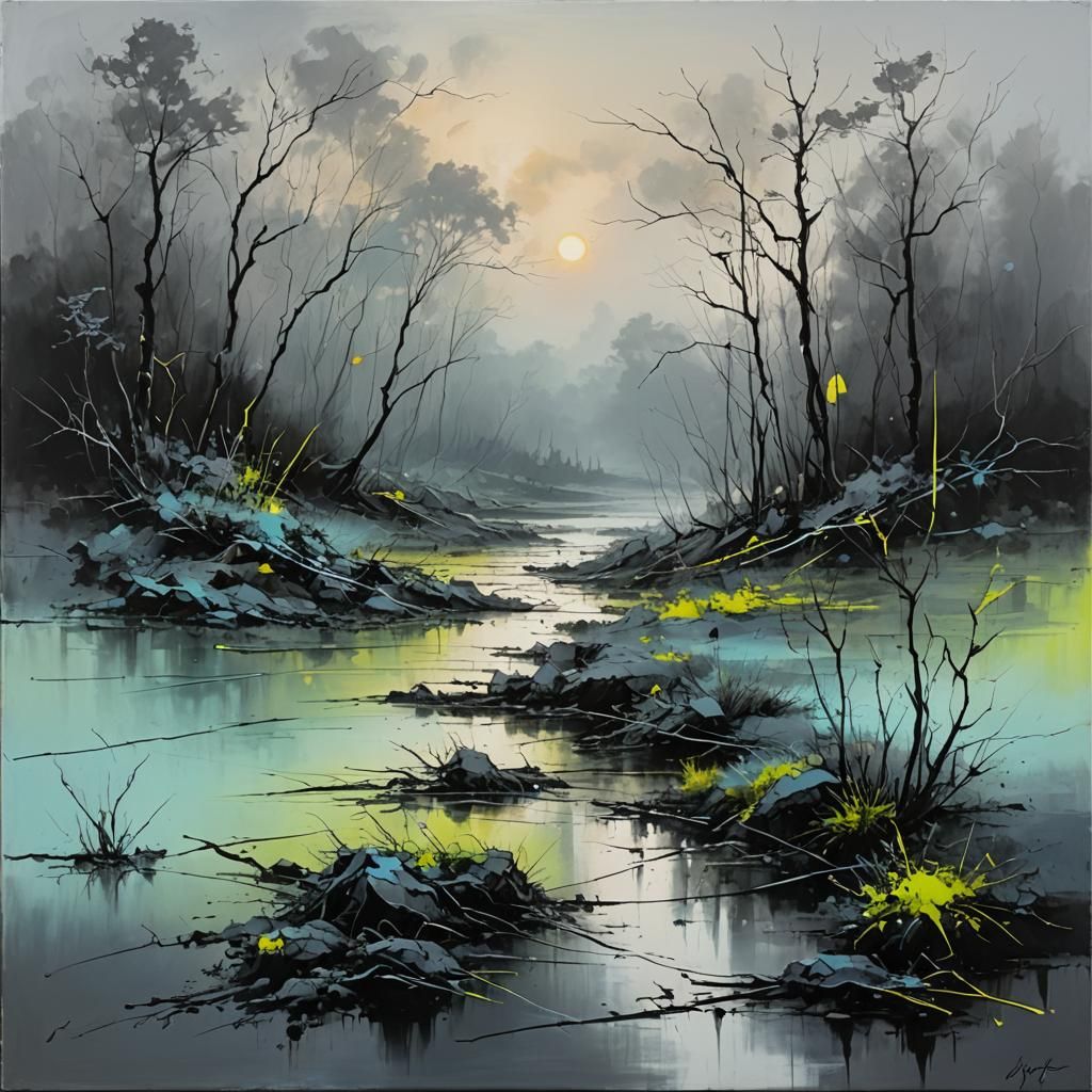 Vibrant Abstract Oil Painting with Charcoal Accents and Soft...