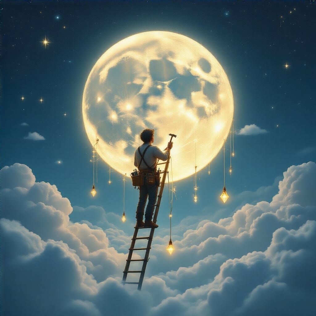 Magical Electrician Repairs Moon's Faint Light Above Clouds