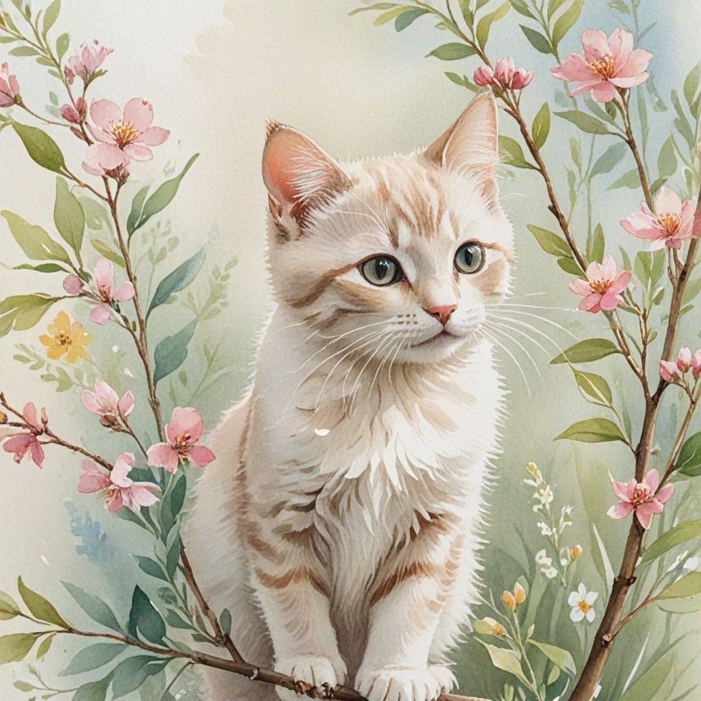 Tiny Cat on Floral Branch Watercolor Painting