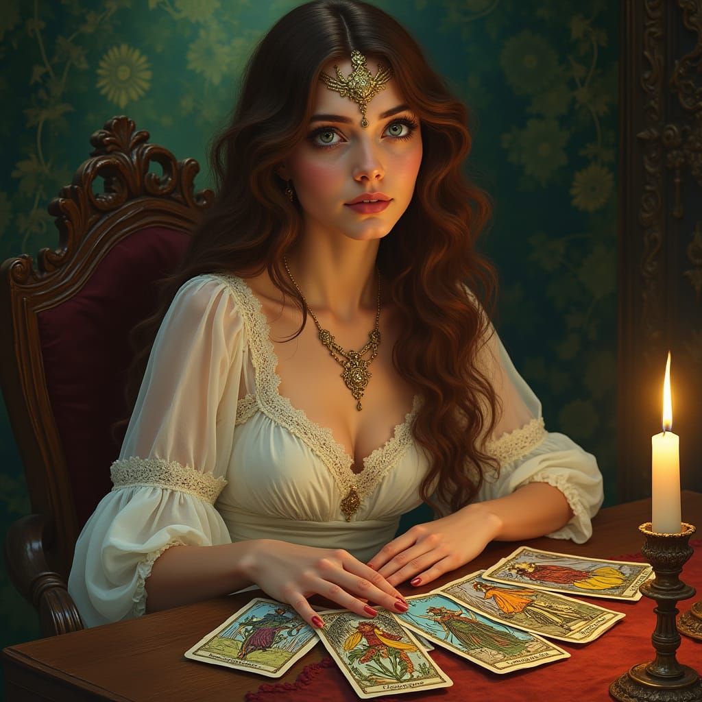 Enchanted Tarot Reader in Whimsical Folk-Art Style
