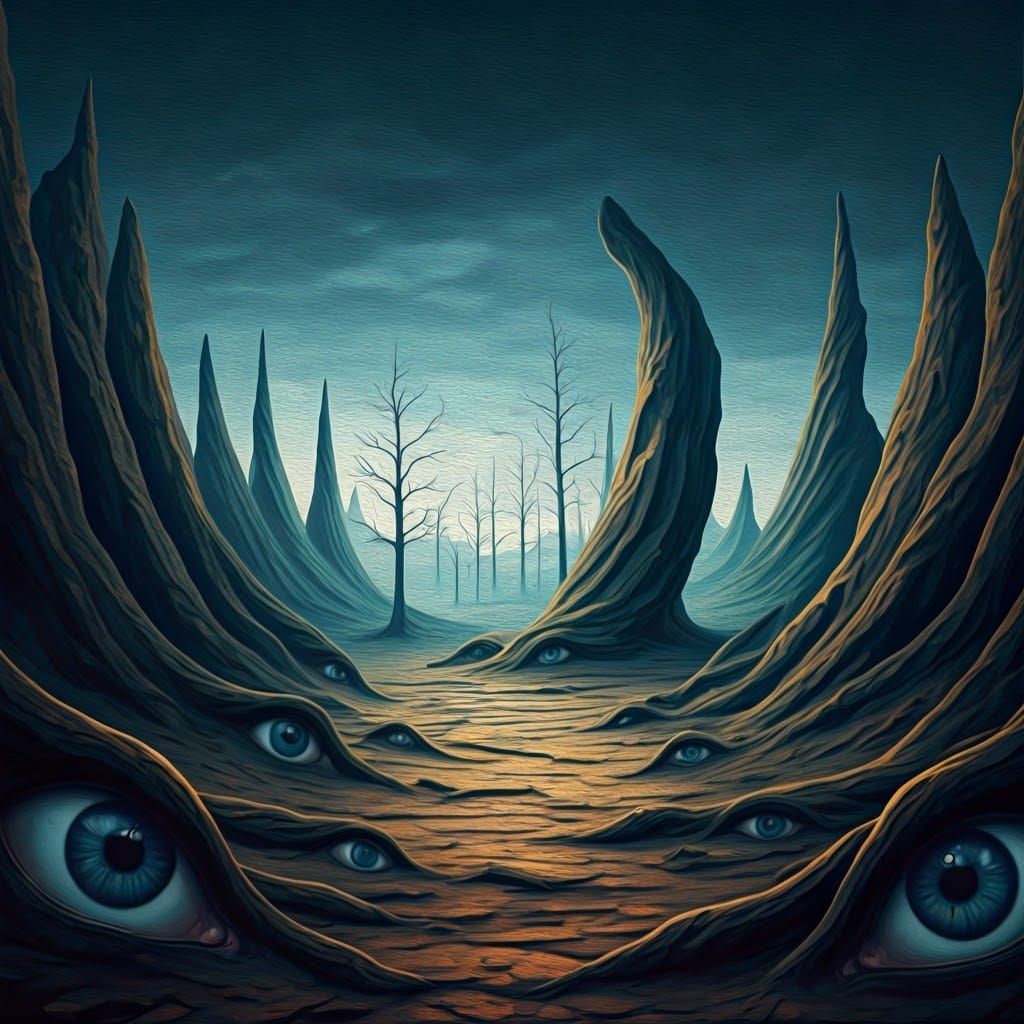 Eerie Surrealist Landscape with Watchful Eyes