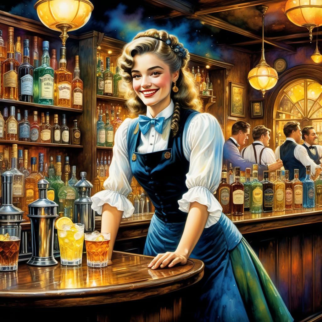Noir Bar Scene with Smiling Bartender