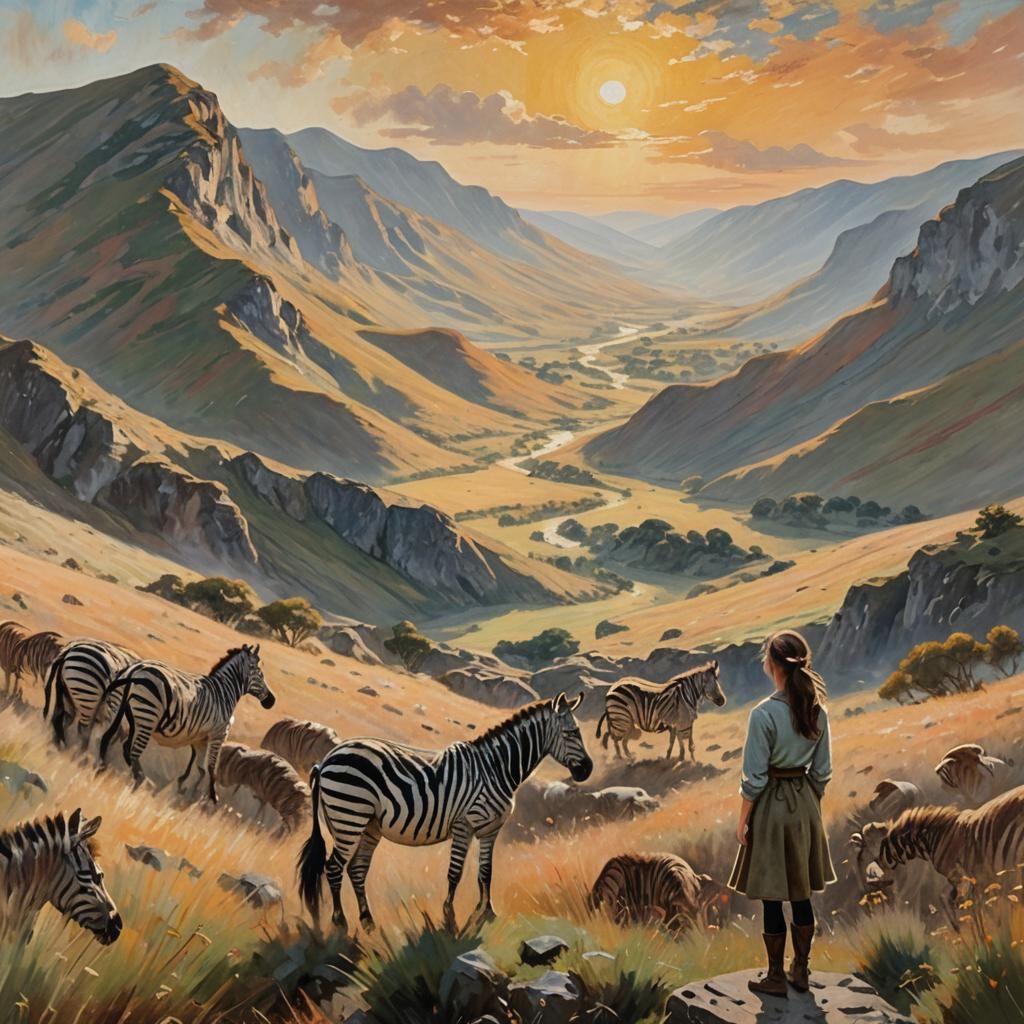 Serene Impressionist Mountain Landscape with Zebras in Warm....