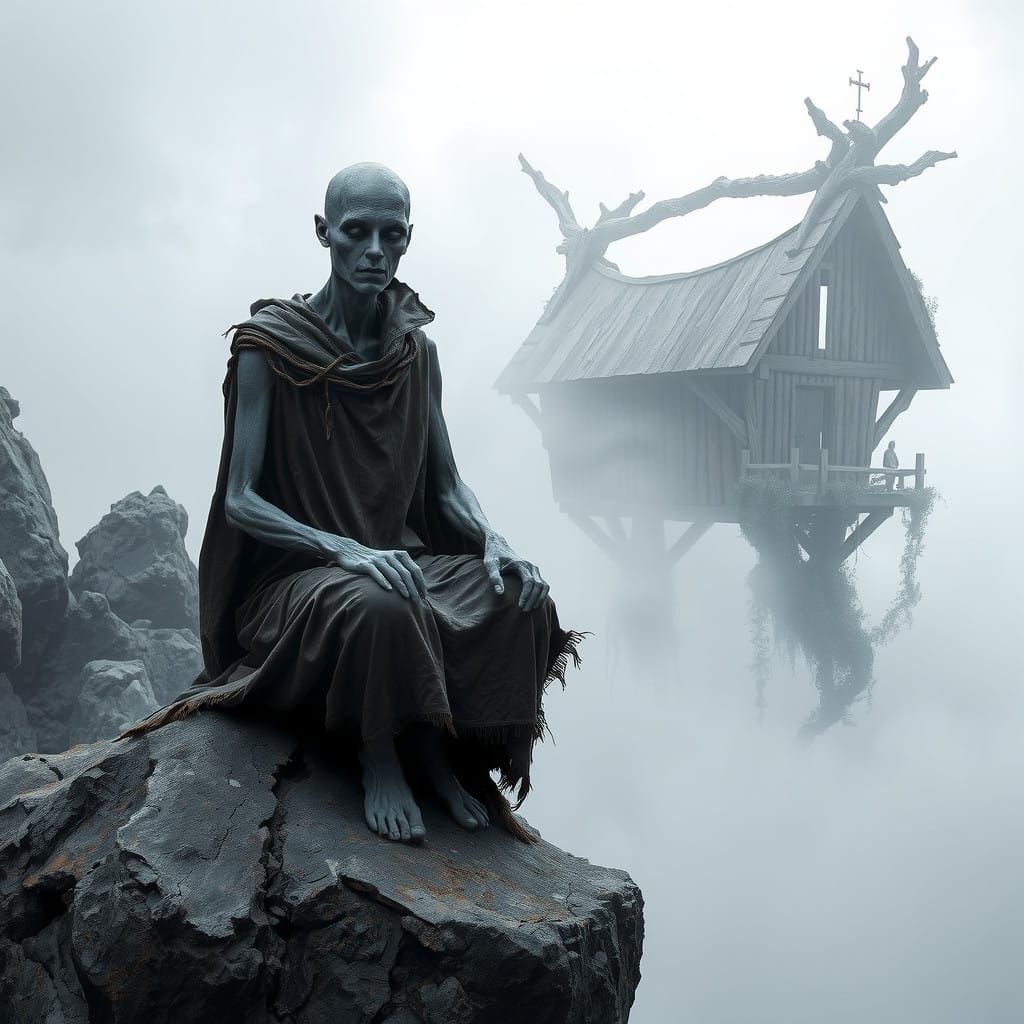 Figurative Landscape in a Haunting, Monochromatic Aesthetic