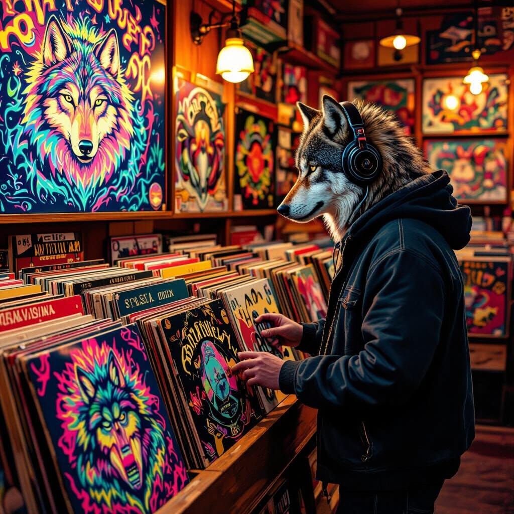 Wolf Browsing Records in Psychedelic Store