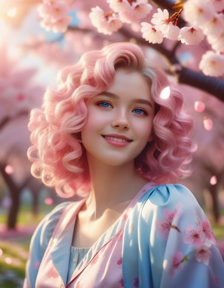 Beautiful Woman in Cherry Blossom Garden with Rainbow Hair