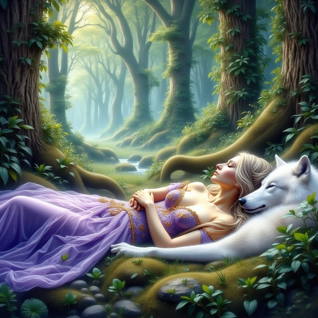 Dreamlike Nymph and White Wolf in Lush Forest, in Cyberpunk-...
