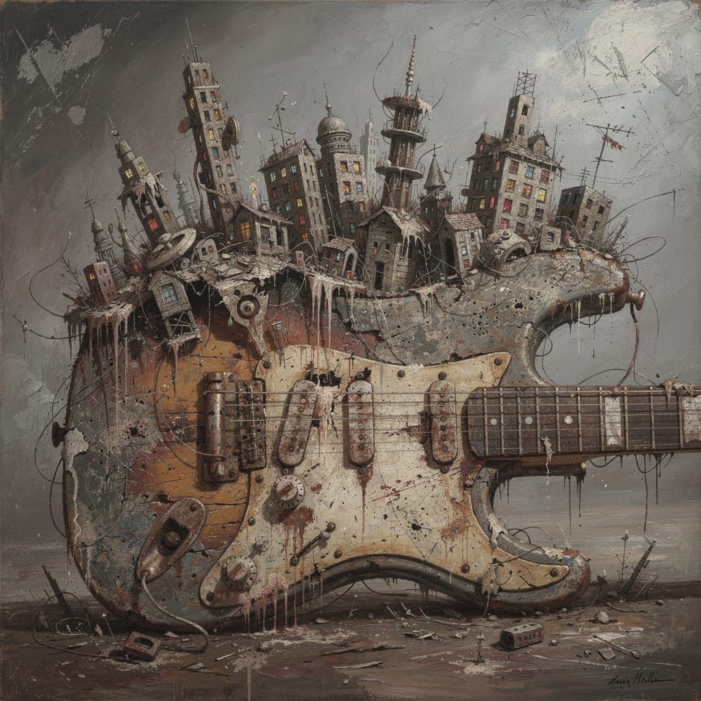 Surreal Electric Guitar Cityscape Oil Painting