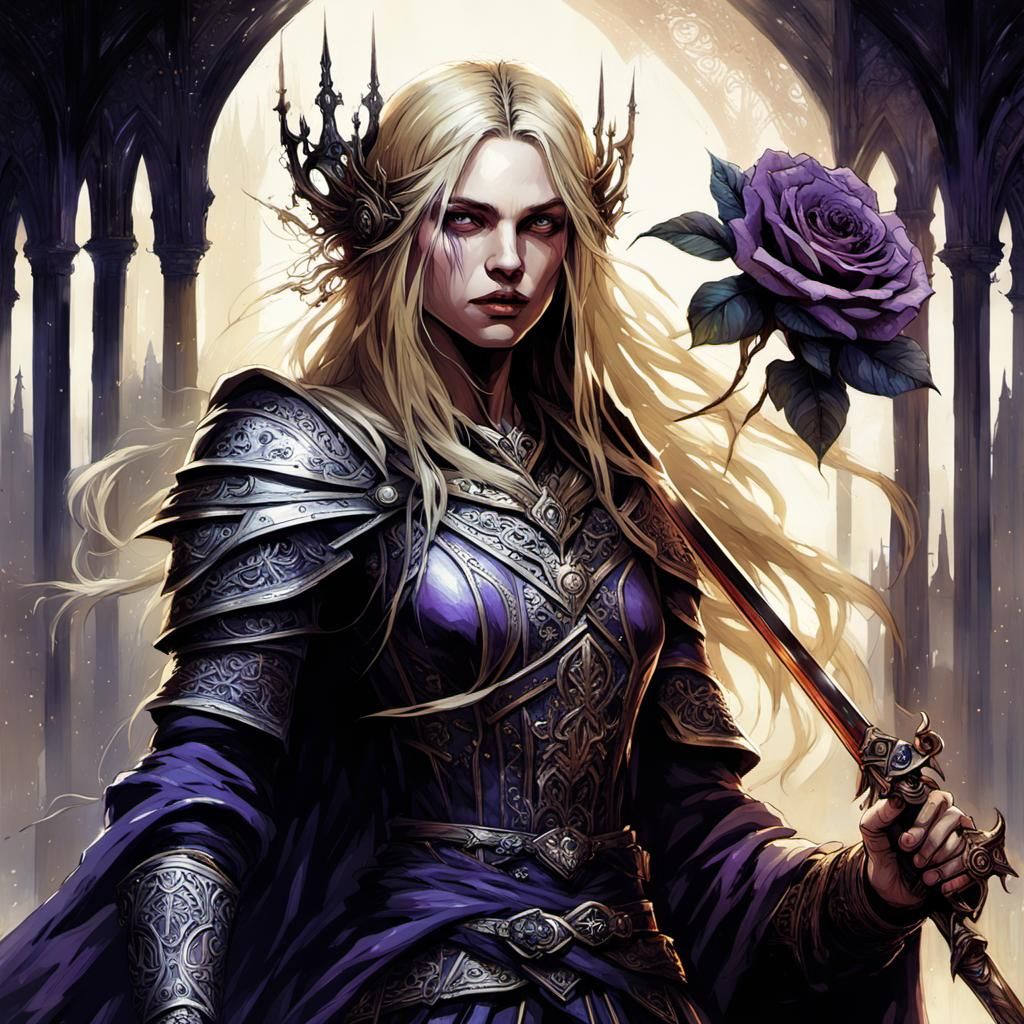 Elegant Gothic Fairy Queen Wields Sword in Golden Light