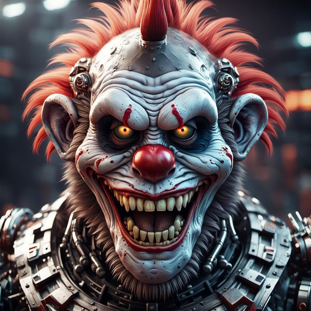 Cyberpunk Sci-Fi Portrait of a Grinning Clown Zombie Monkey...