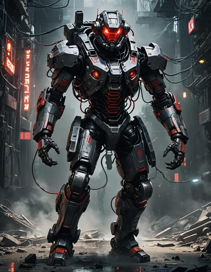 Cybernetic Mech Warrior in Gritty, High-Contrast Environment