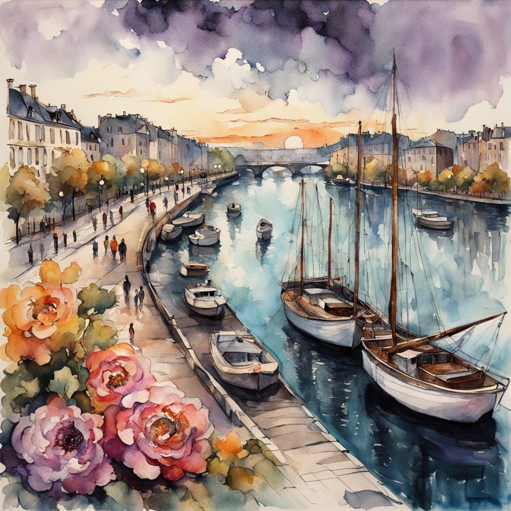 Paris Harbor Scene with Colorful Sunset, Fine Art