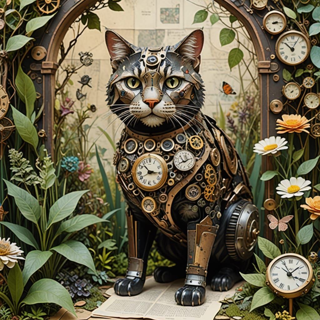 Automaton in Garden, Vintage Collage Art Style