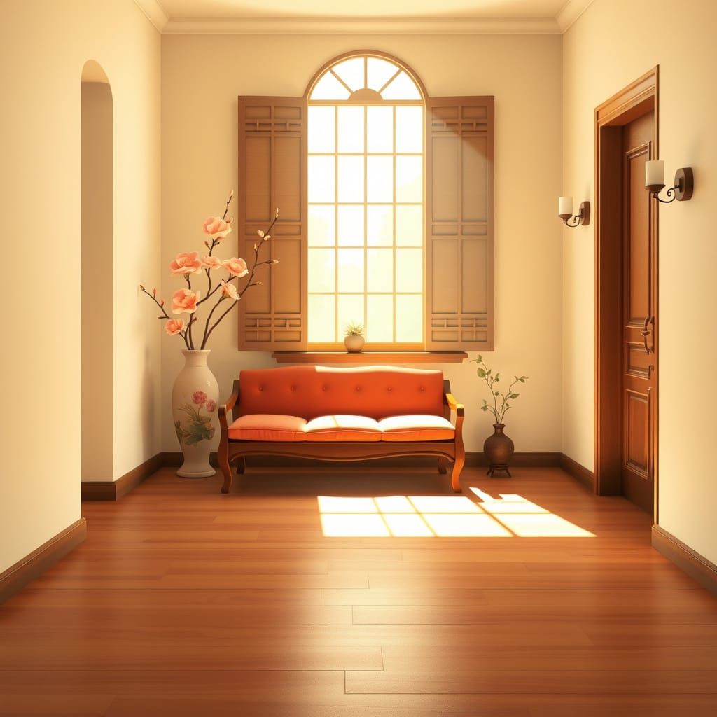 Sunlit Interior in Whimsical Animated Film Style