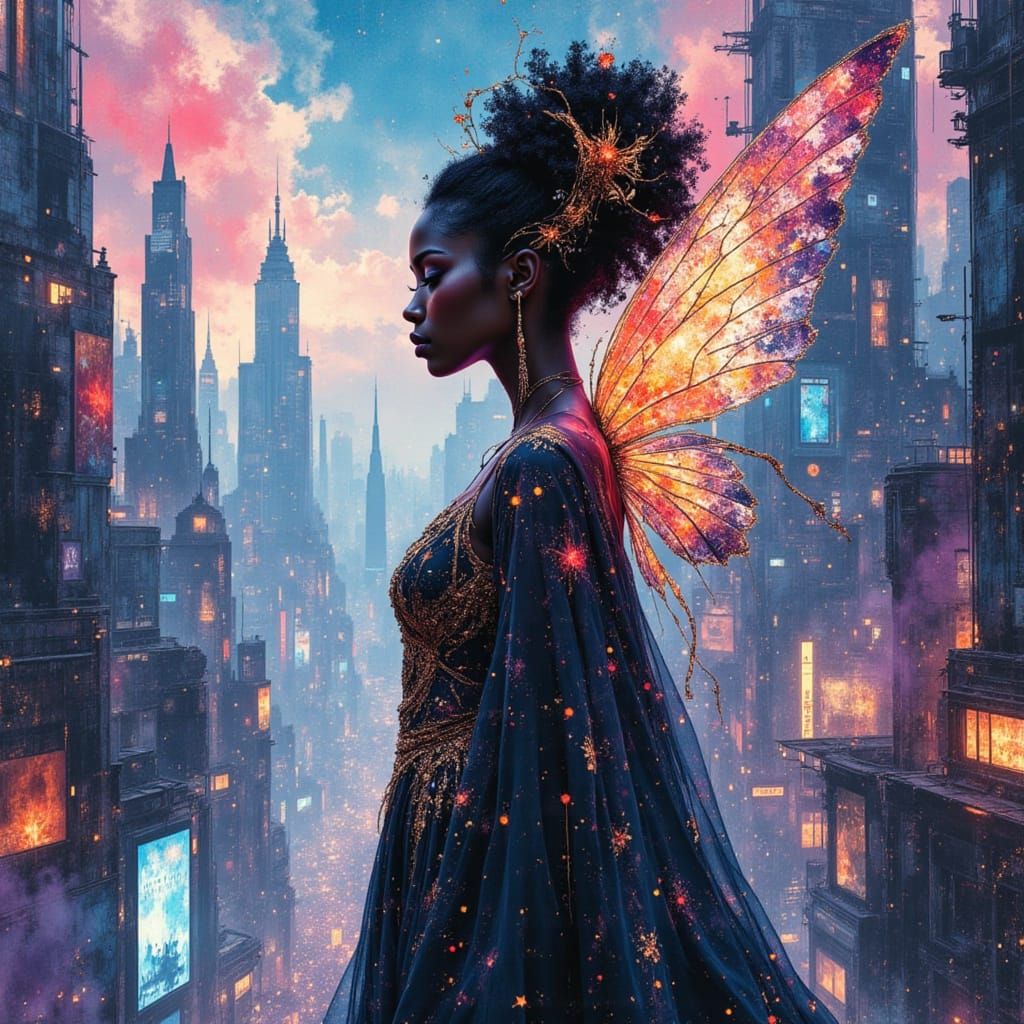African Fairy Goddess in Neon Cyberpunk City
