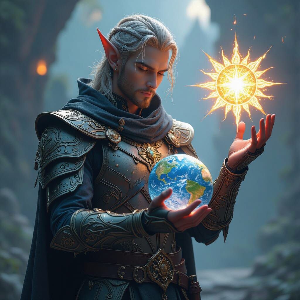 Ethereal Elf God with Sun Symbol and World
