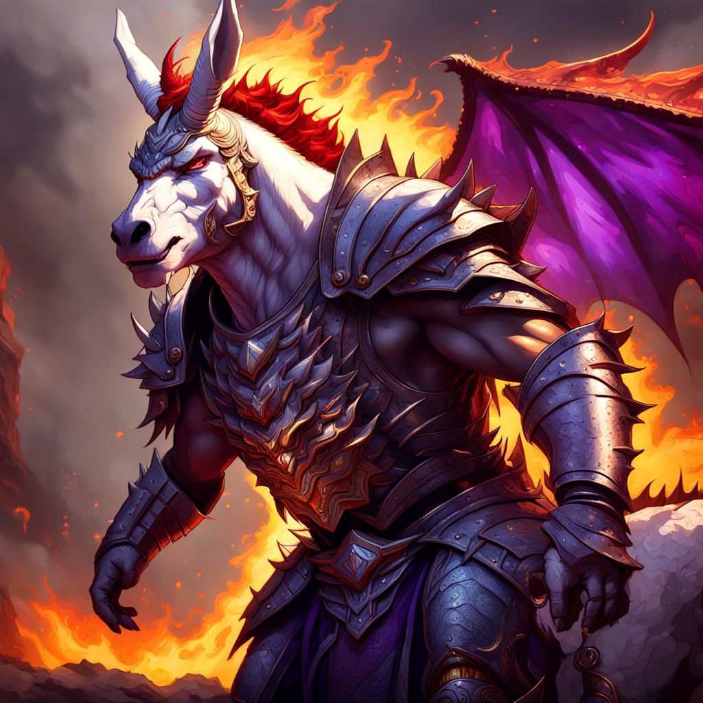 Radiant White Donkey Knight vs. Hellish Red Dragon in Dark F...