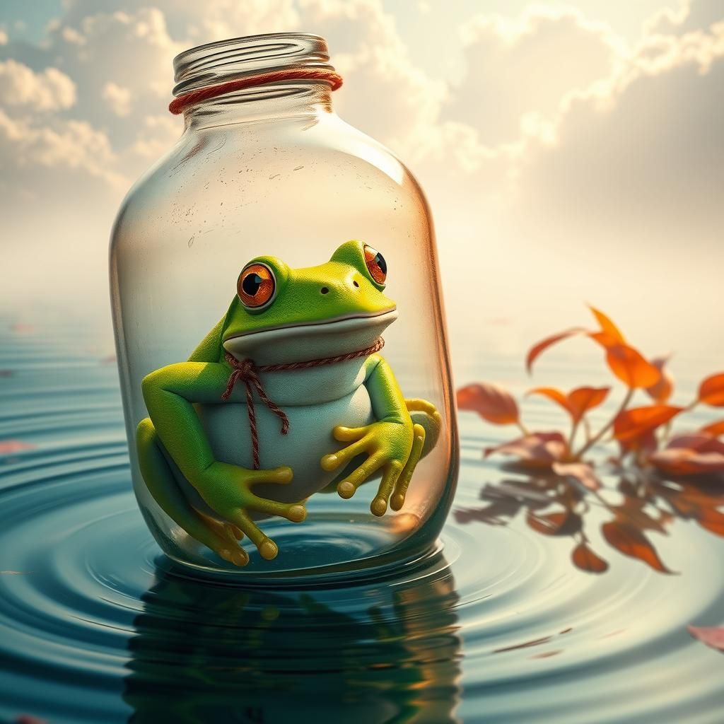 Intricately Embroidered Frog in a Glass Bottle, Floating in...