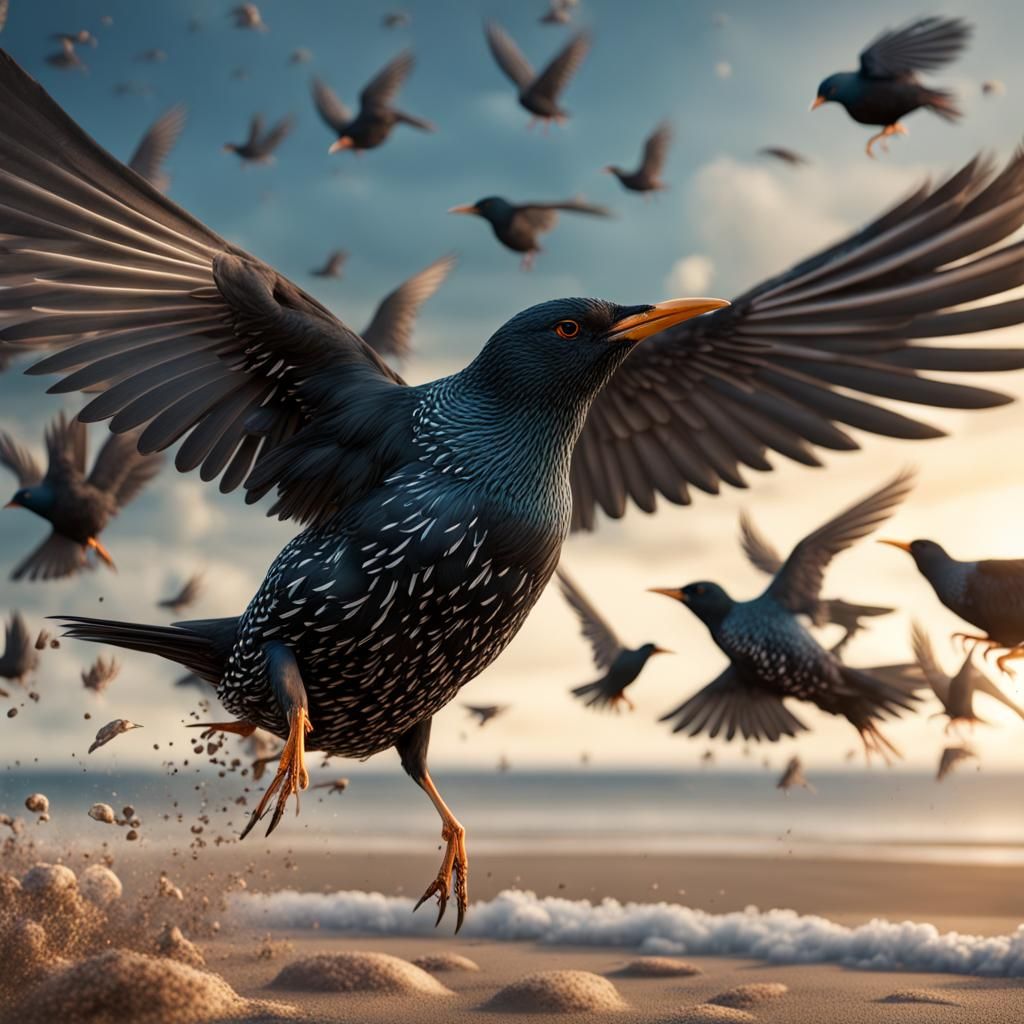 Vibrant Starling Flock Soars Over Beach in Dazzling Matte Pa...