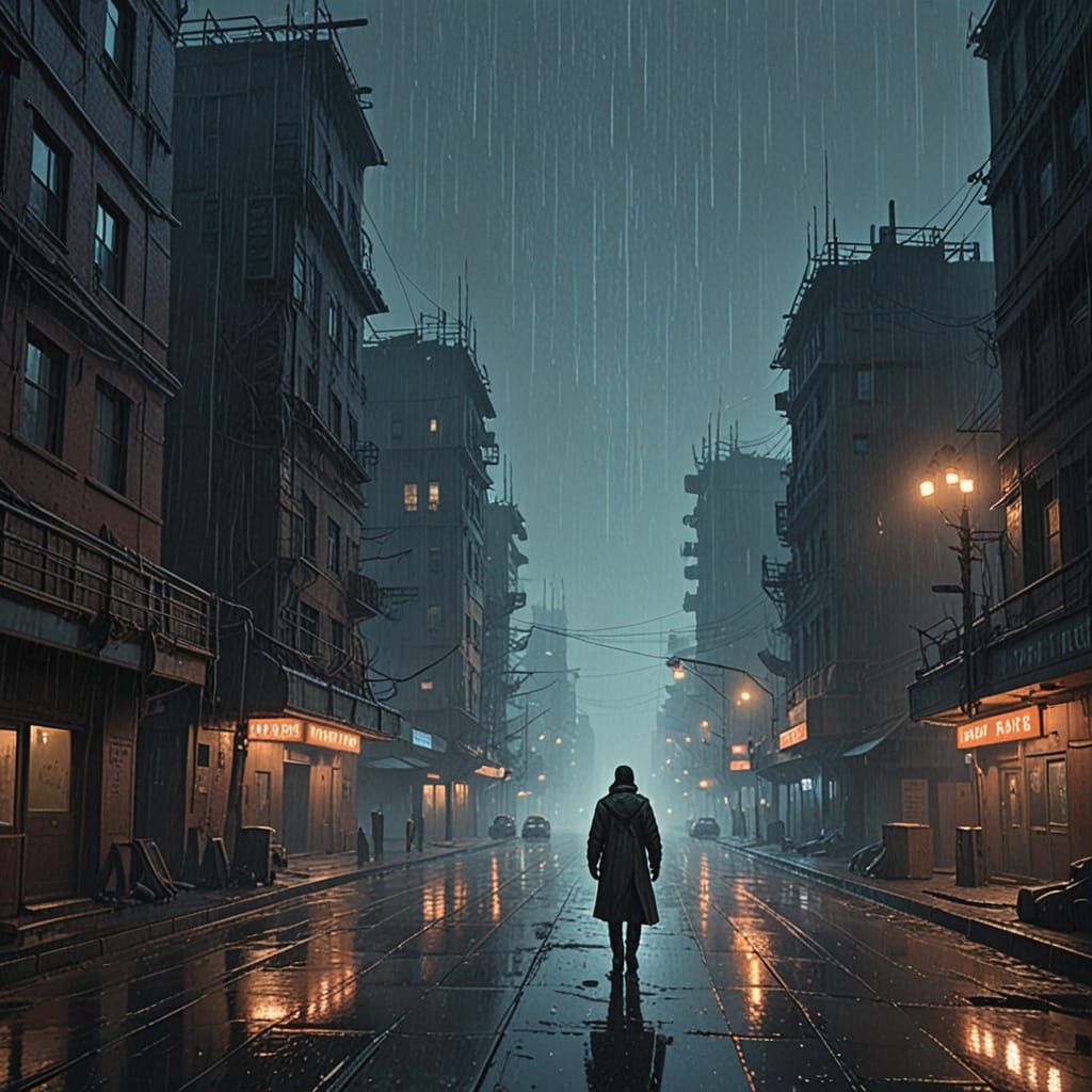 A Lone Figure Contemplates the Cosmos in a Futuristic, Rain-...