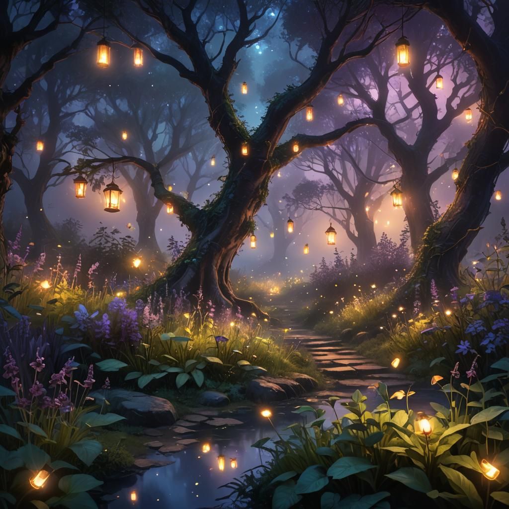 Dreamlike Herb Garden at Twilight in Luminous Colors