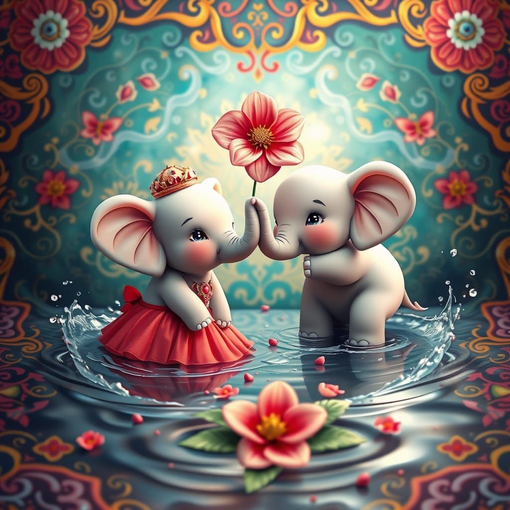 Whimsical Cartoon Elephants in a Fantastical Heart-Shaped Sp...