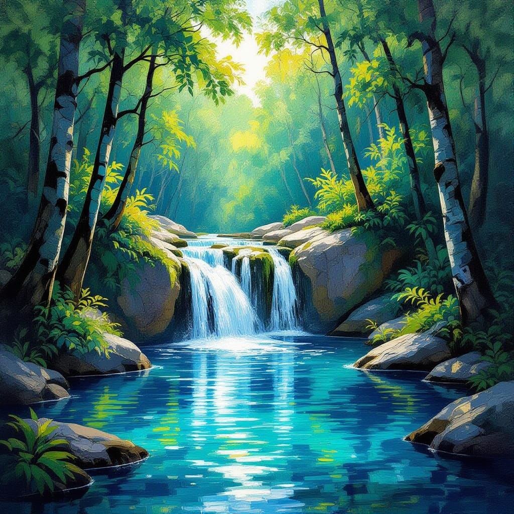 Forest Waterfall Hideaway in Raphael and Van Gogh Styles