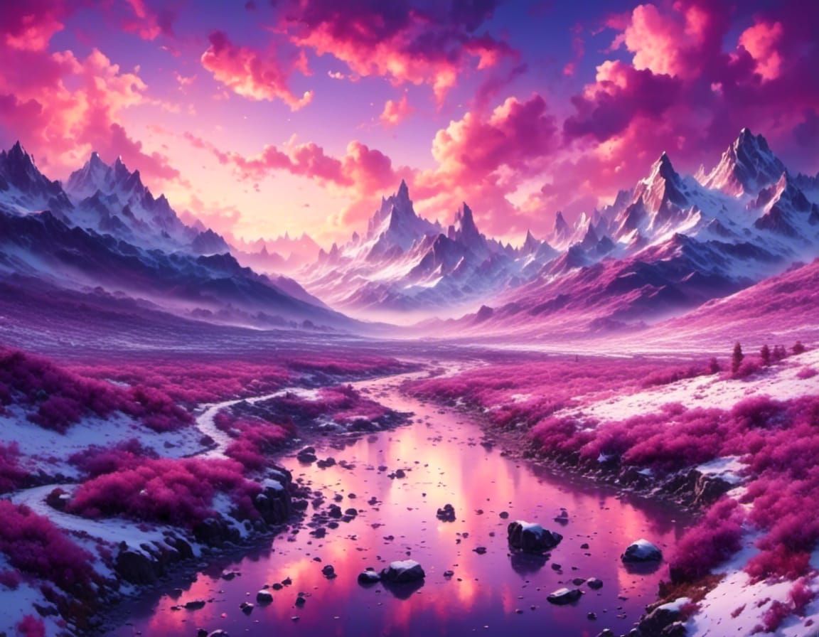 Ethereal Fantasy River in Snowy Mountains