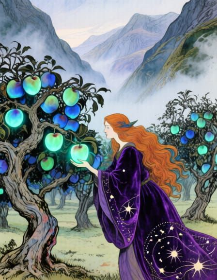 Enchantress Tends Magical Orchard with Glowing Fruit