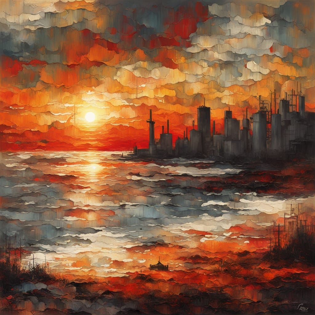 Vibrant Sunset with Red Poppies as Impasto Painting