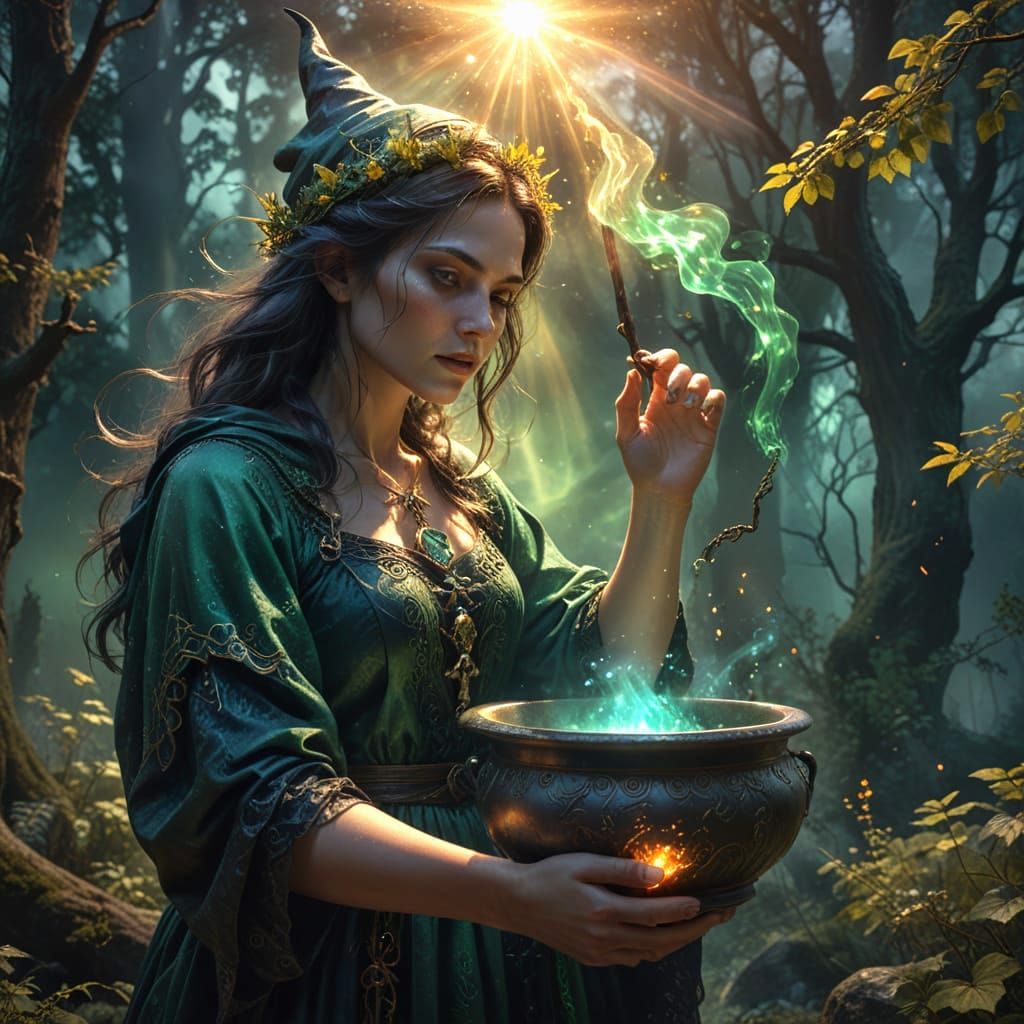 Mystical Witch Brews Enchantment in Shadowy Forest