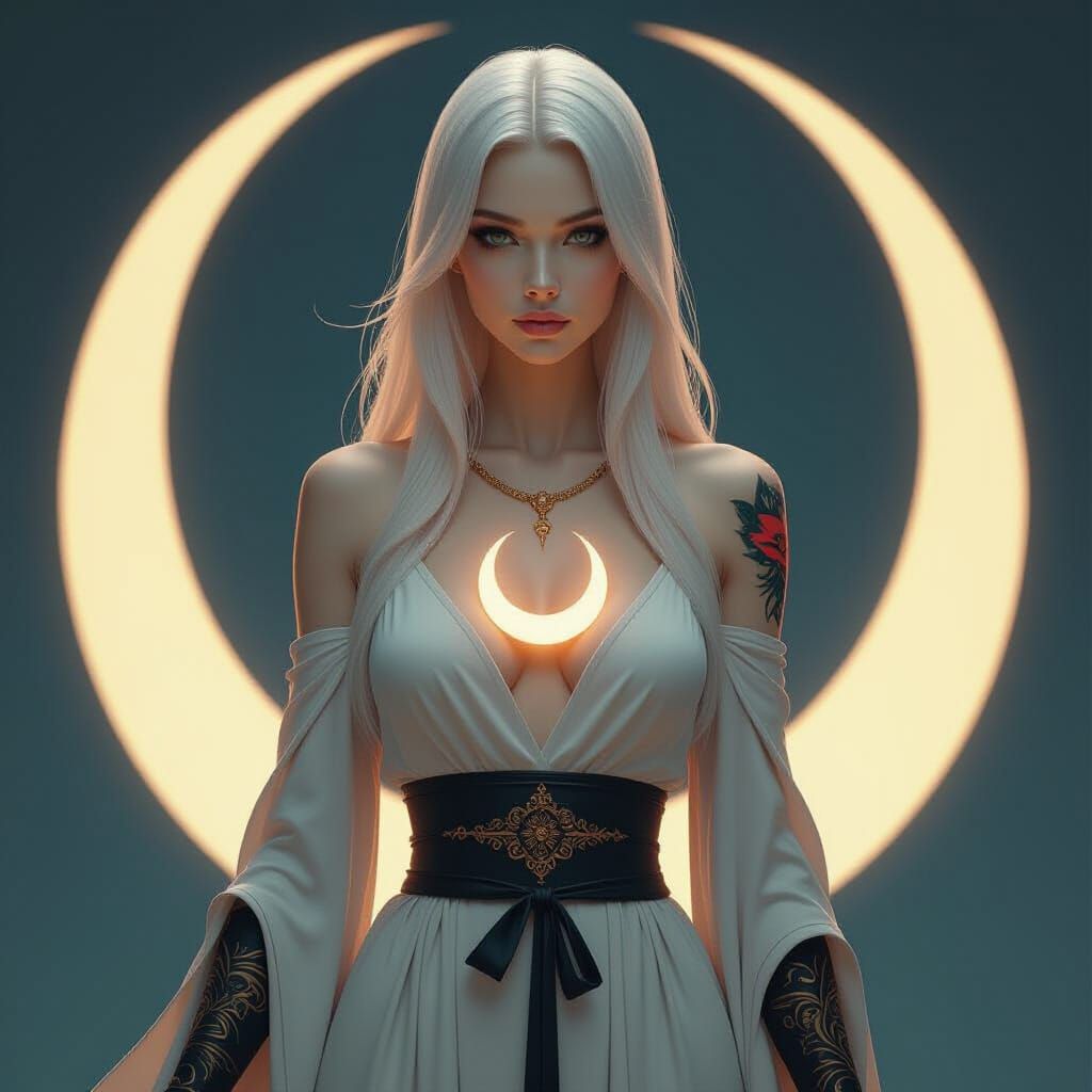 Mystical Figure with Moon and Fox Tattoos in Matte Painting ...