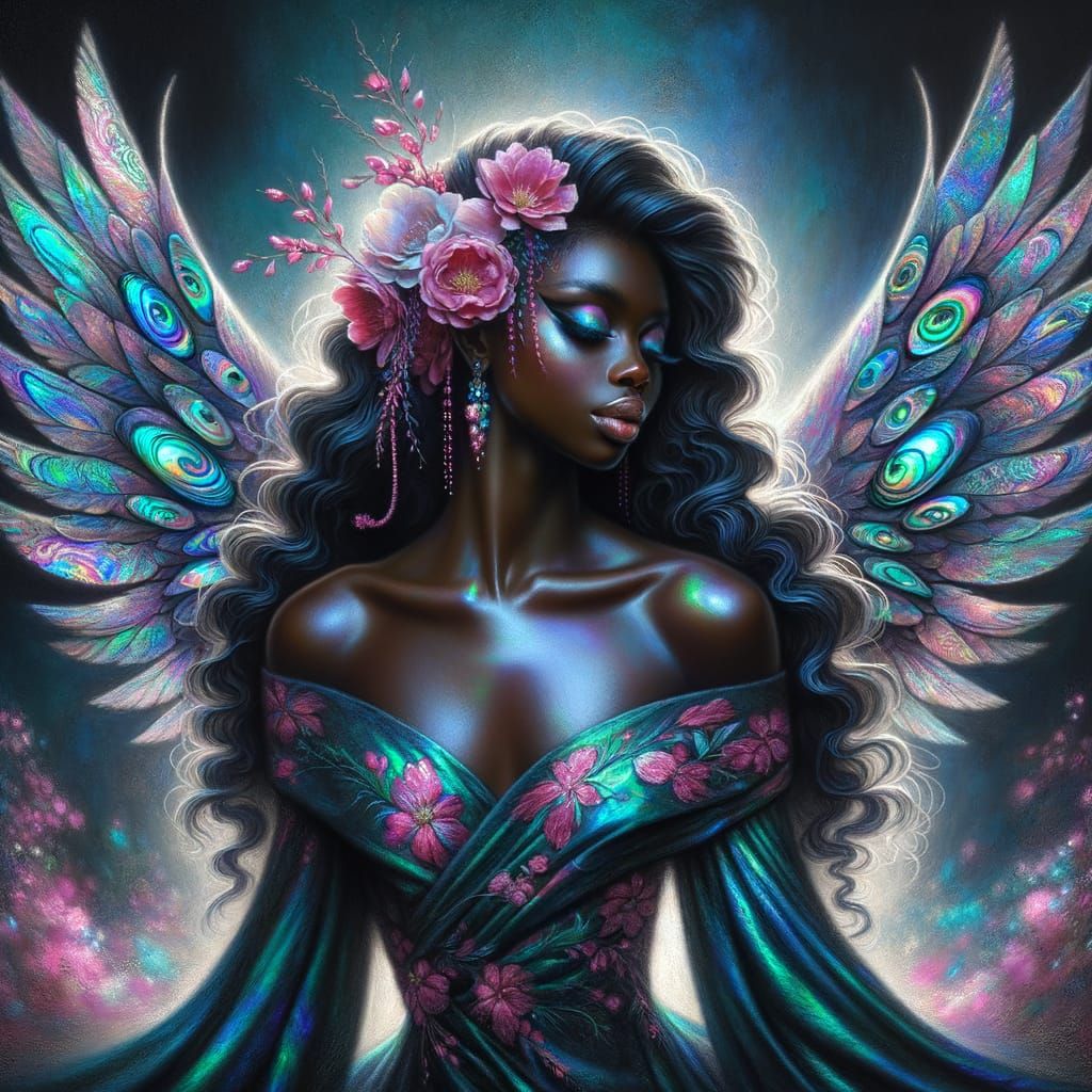 Dreamy African Goddess with Iridescent Wings in Dark Setting