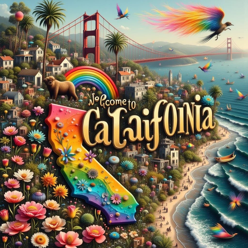 California Icon: Vibrant Mosaic of State Symbols in Shimmeri...