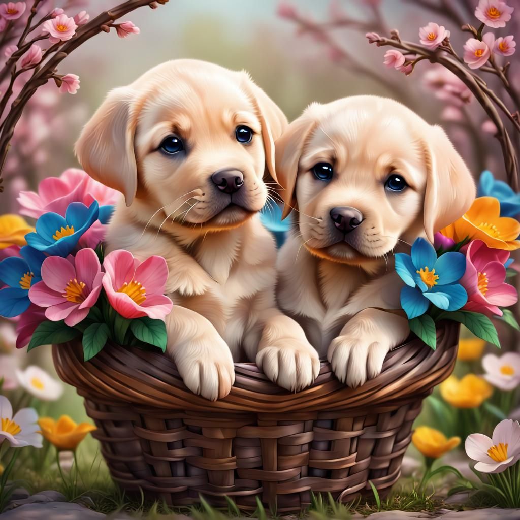 Chibi Labradors in Whimsical Floral Wreath