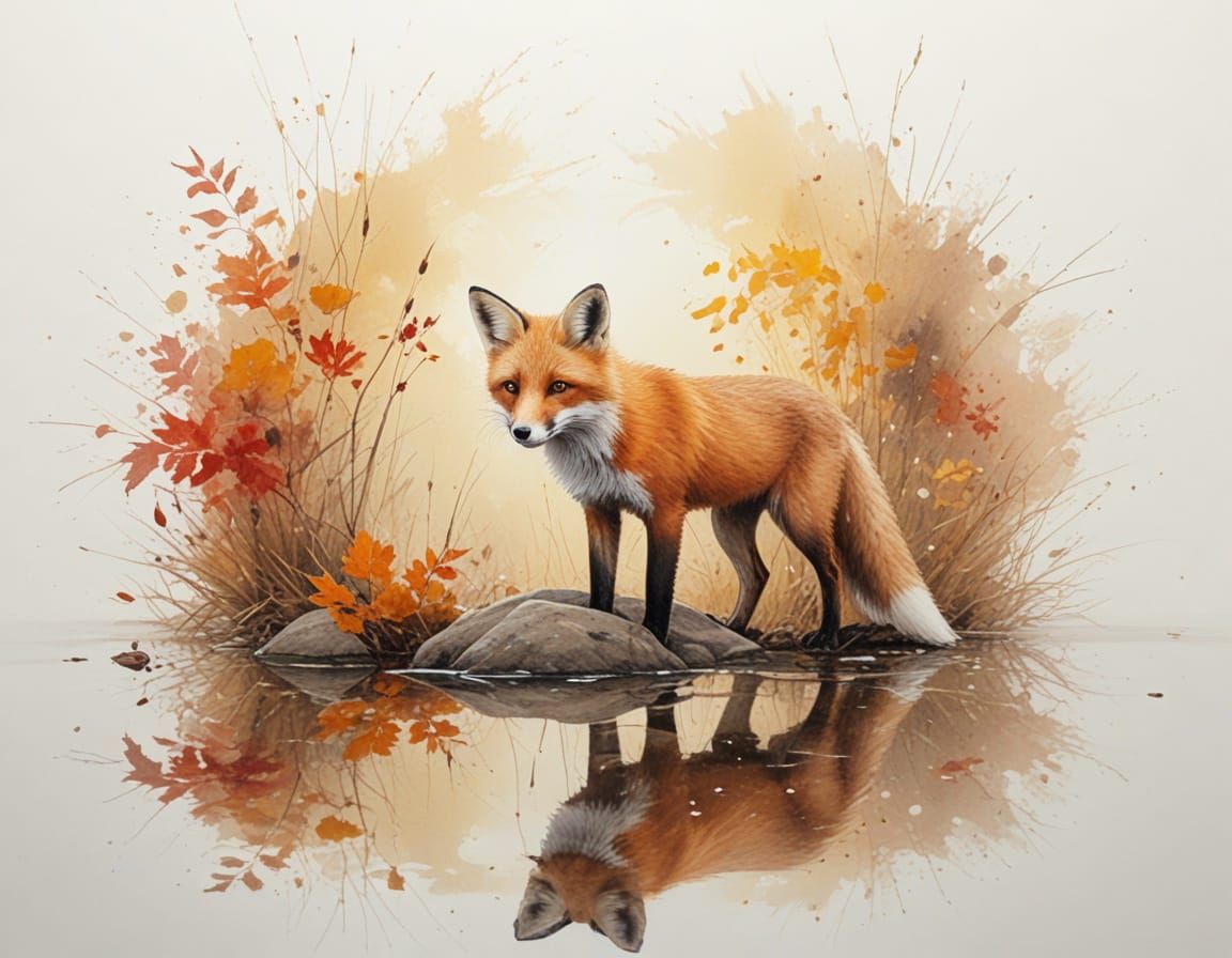 Red Fox in Autumn Pond Golden Hour