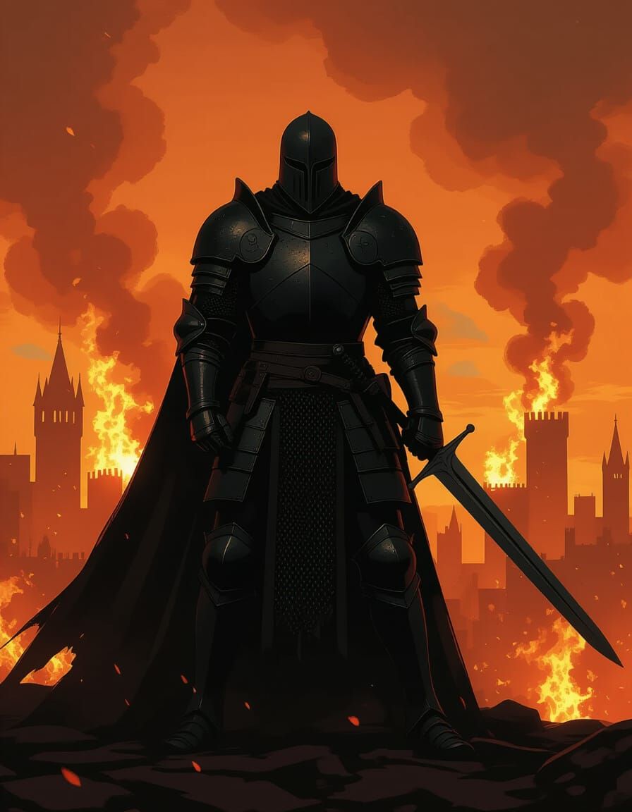 Knight Silhouette Against Burning City Dusk