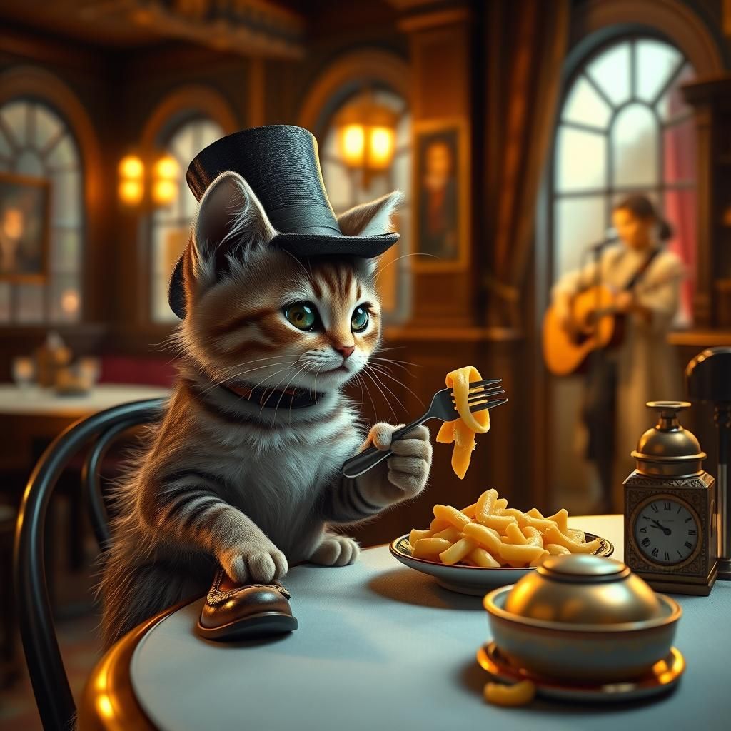 Kitty Enjoys Whimsical Dinner Scene
