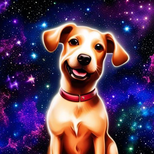 Cyberpunk Dog Reigns Over Cosmic Cityscape