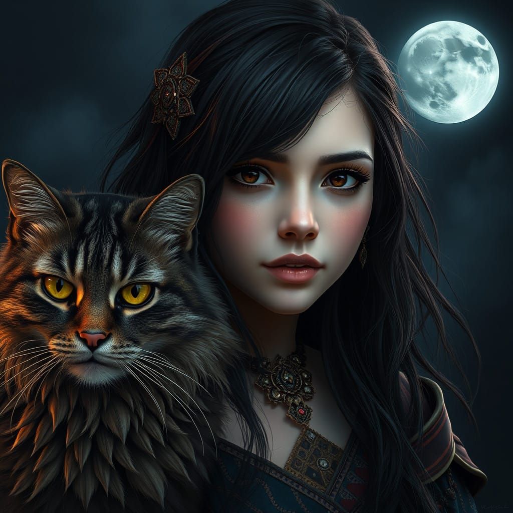 Goddess of Night with Majestic Feline Companion