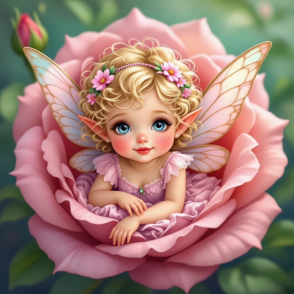Baby Fairy in Rose, Whimsical Pastel Art