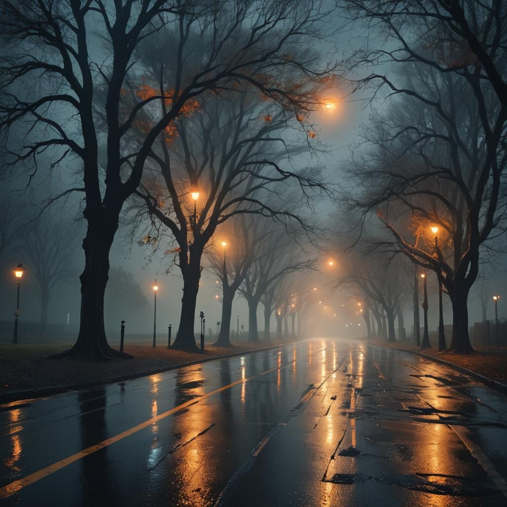 Mystical Country Road at Dusk in Rich, Dreamlike Colors