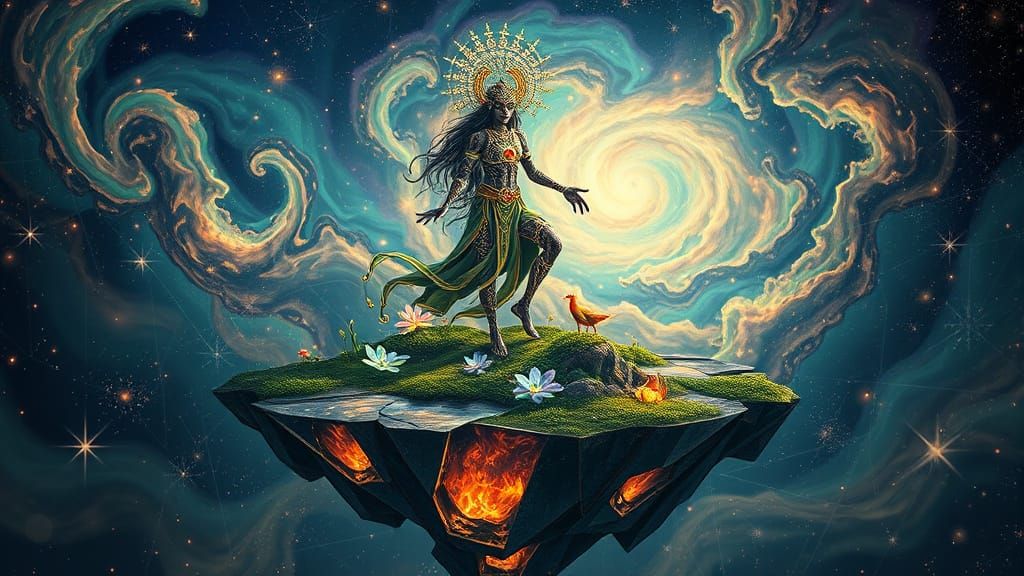 Mystical Shaman on Floating Island in Anime Style
